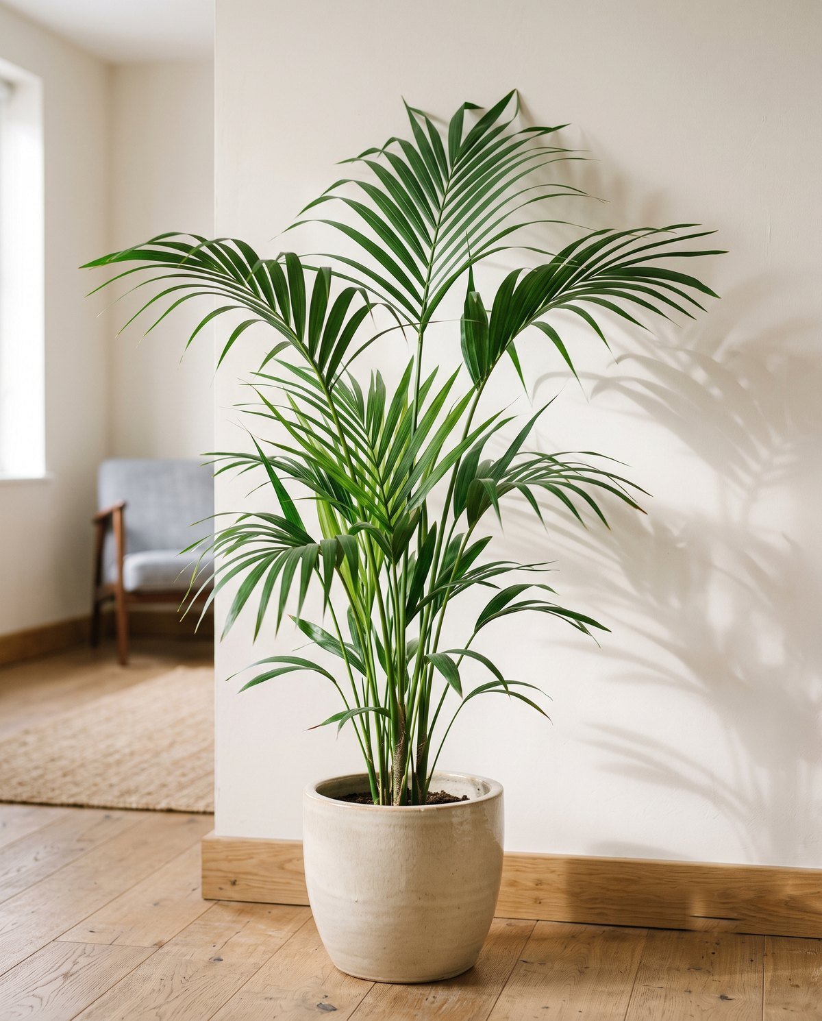 Gesunde Kentia-Palme in einem hellen Keramiktopf